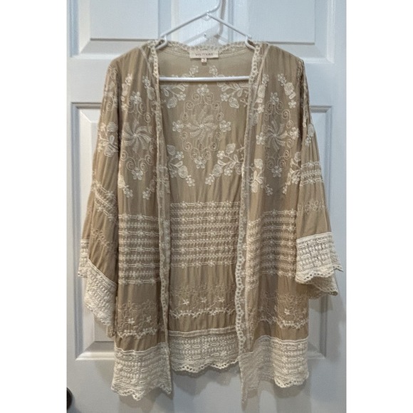 Solitaire Tops - Solitaire Women Sz M Duster Kimono Black White Crochet Lace Embroidered Boho
